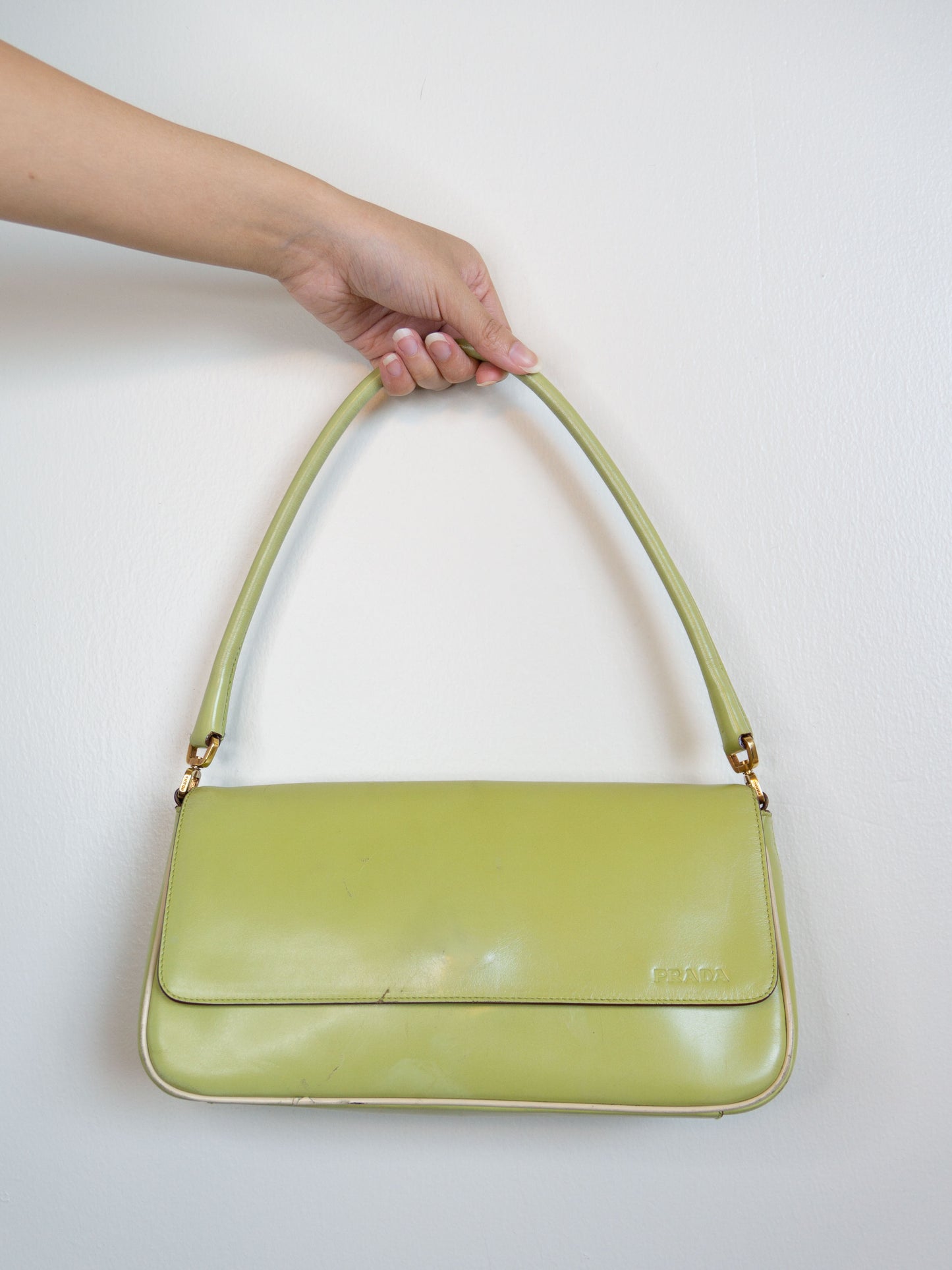 Prada Green Shoulder Bag Leather Vintage Authentic