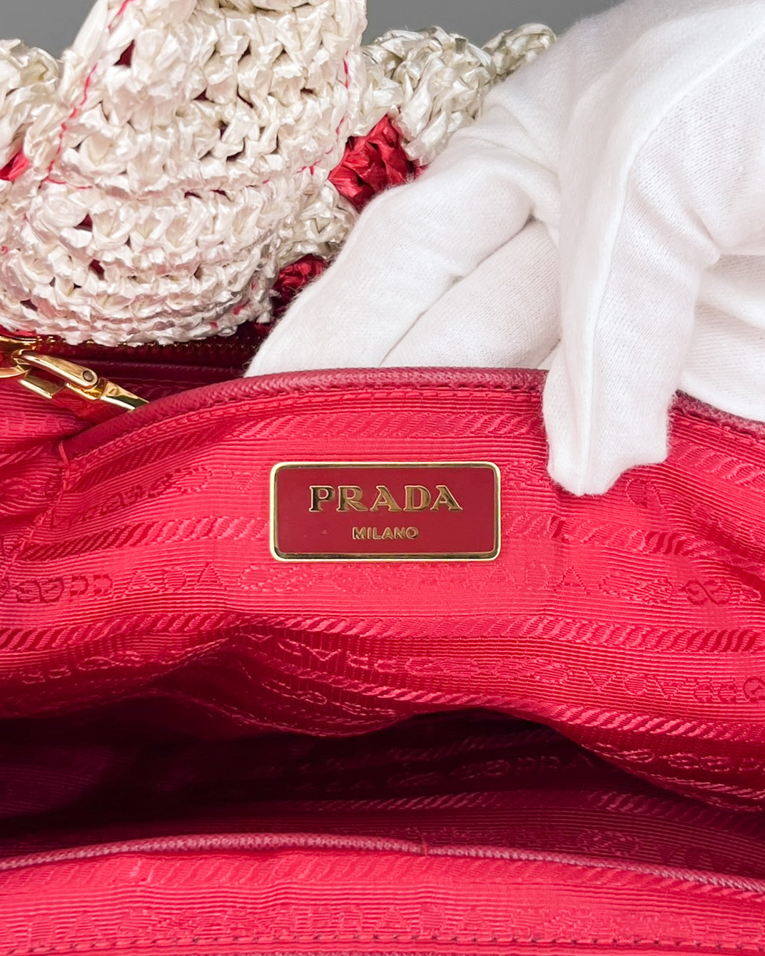 Prada Canapa Handbag Off White/Red Straw